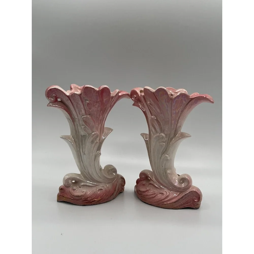 Lefton Ceramic Cornucopia Floral Gold Trim Vases Set 2 Hand‎ painted